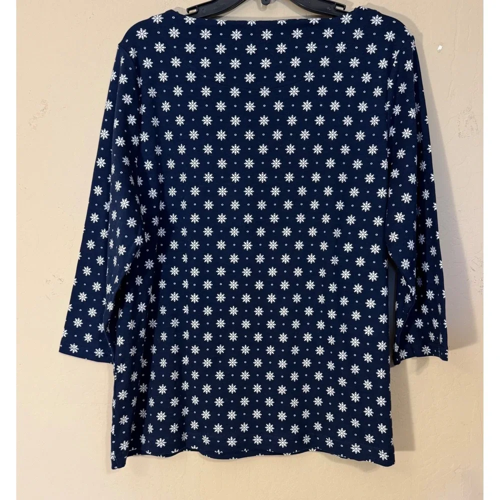 Croft & Barrow Boatneck Tee Women XXL Blue Snowflake 3/4 Sleeve Cotton‎ Top NEW